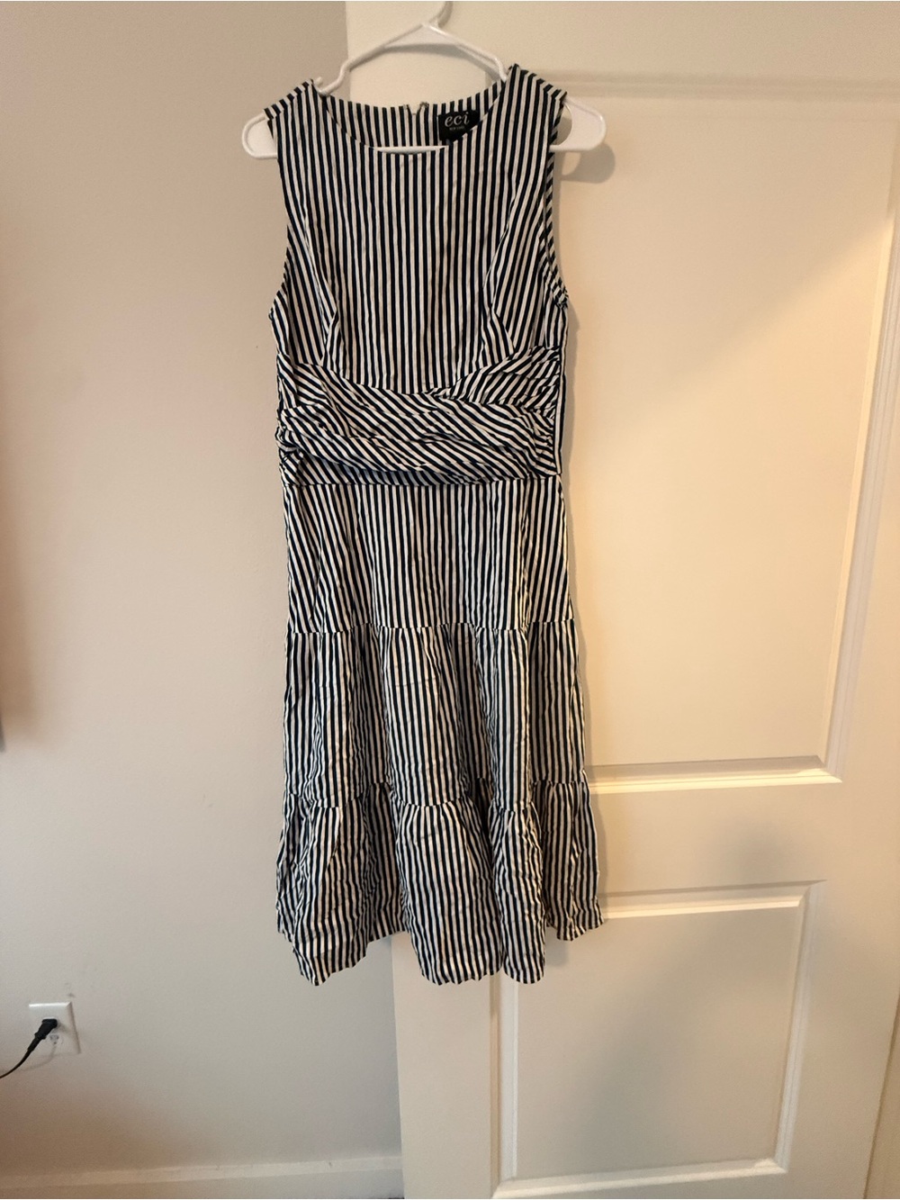 ECI Black and White Striped Tiered Midi Dress